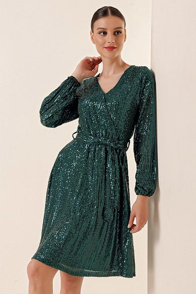 By Saygı V-Neck Waist Belted Lined Sequin Short Dress