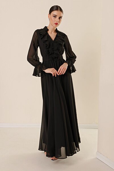 By Saygı Pololímeček vpředu na poloviční knoflík, setrvačník a peříčko, podšité dlouhé šifonové šaty s páskem v pase