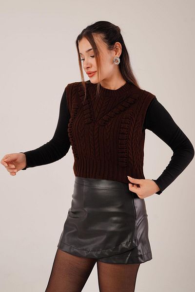 Hipo Trend Self Embossed Pattern Brown Knitwear Sweater
