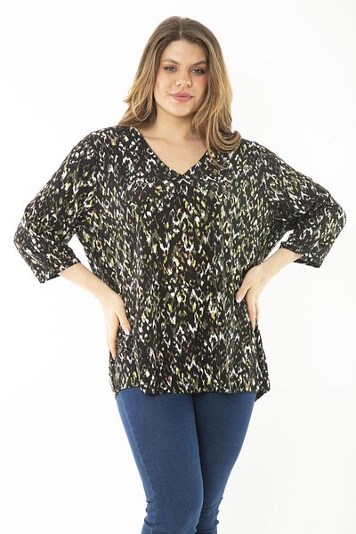 Şans Women's Large Size Green Collar Pleated Capri Sleeve Blouse 65N37147