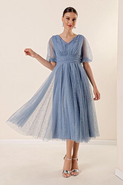 By Saygı Front Back V Neck Short Balloon Sleeves Lined Spider Pattern Silvery Tulle Midi Dress