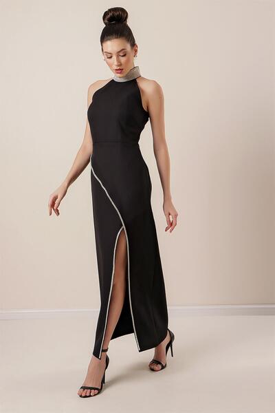 By Saygı Stone Detailed Long Dress with Slit on the Front