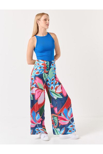 Jimmy Key Mixed High Waist Wide Leg Floral Satin Trousers