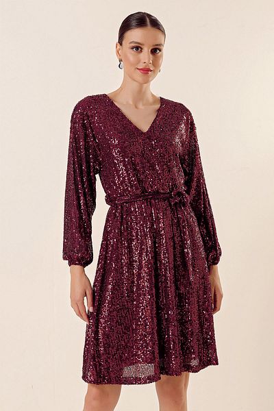 By Saygı V-Neck Waist Belted Lined Sequin Short Dress