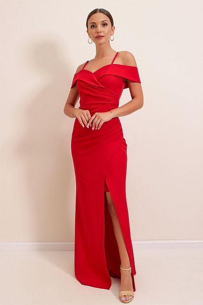 By Saygı String Straps Madonna Neck Side Drawstring Long Crepe Dress