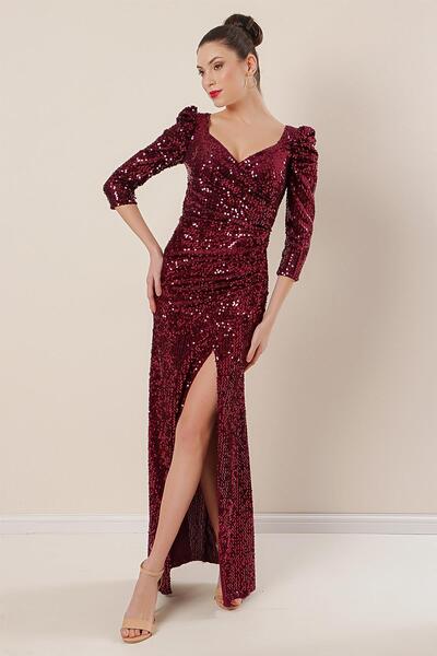 By Saygı Dlhé zamatové šaty s plisovanými flitrami na ramenách a v páse