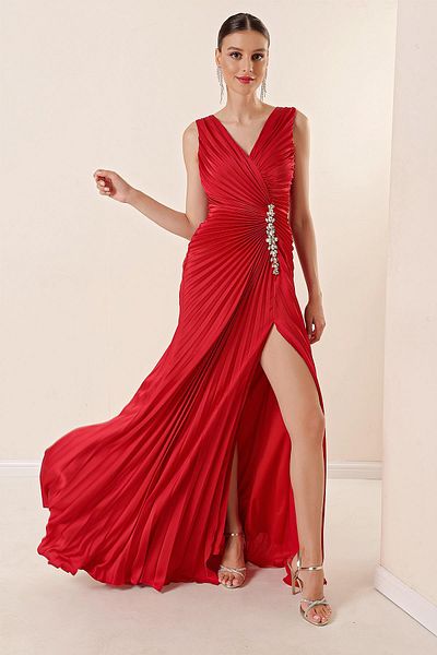 By Saygı Front Back V-Neck Front Stone Detailed Lined Pleated Long Dress