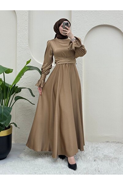 Modamorfo Saténové večerní šaty s překříženým pasem -Mink