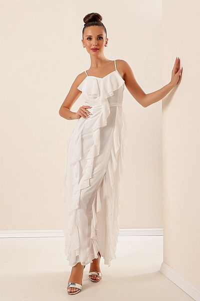 By Saygı Rope Strap Ruffle Detailed Lined Chiffon Dress