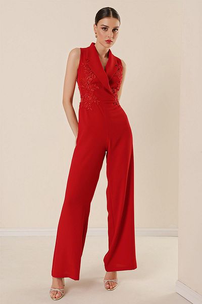 By Saygı Double Breasted Neck Beaded and Embroidered Jumpsuit