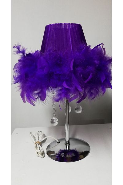 TEKAY AYDINLATMA Purple Feather and Stone Bedroom - Lampshade Wood, White Metal Gold Leg