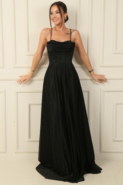 By Saygı Večerní šaty s dlouhým tylovým třpytivým provazovým popruhem