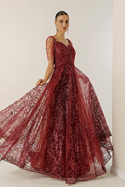 By Saygı Dlhé šaty s perličkovým detailným lemovaním s trblietavou potlačou