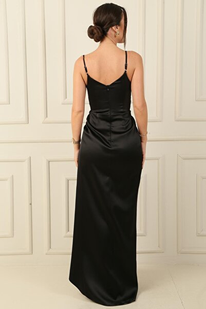 By Saygı Satin Evening Dress - Rope Strap, Double Breasted Collar, Waist Pleated and Lined
