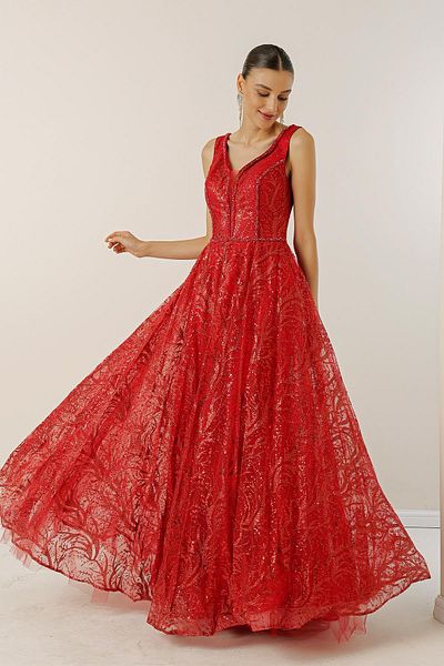 By Saygı Front Back V-Neck Beaded Detailed Lined Back Lace Sequined Glittery Long Dress