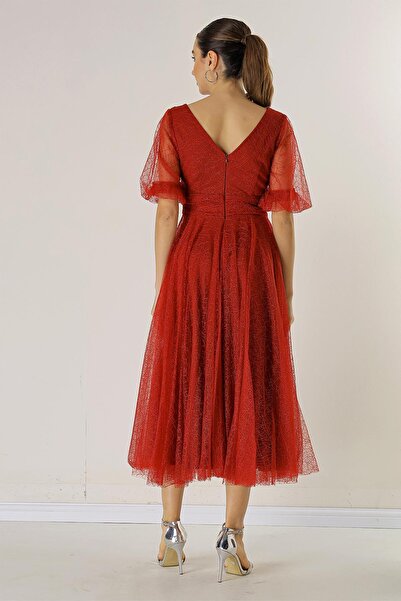 By Saygı Front Back V Neck Short Balloon Sleeve Lined Spider Pattern Glittery Dalya Fabric Dress