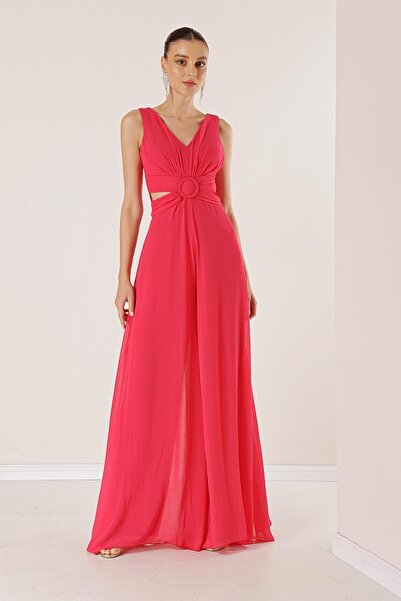 By Saygı Gefütterter Chiffon-Overall mit niedriger Taille vorne und hinten und V-Ausschnitt