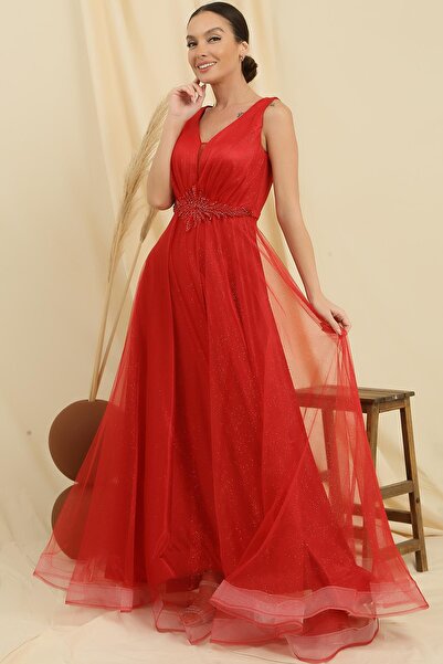 By Saygı V-nyakú derék ékköves bélelt csillogó felső belül szatén hosszú hercegnő ruha