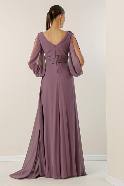 By Saygı Výstřih do V vpředu s řaseným lemovaným rukávem Tyl Guipure Detailní Šifonové dlouhé šaty široké velikosti