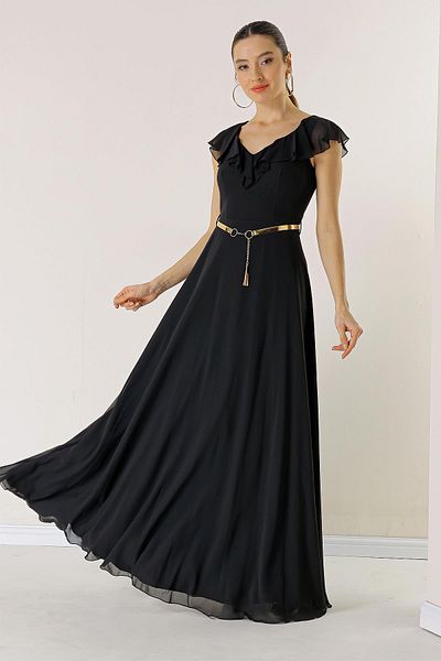 By Saygı Langes Chiffonkleid mit Volantkragen und Gürtel an der Taille