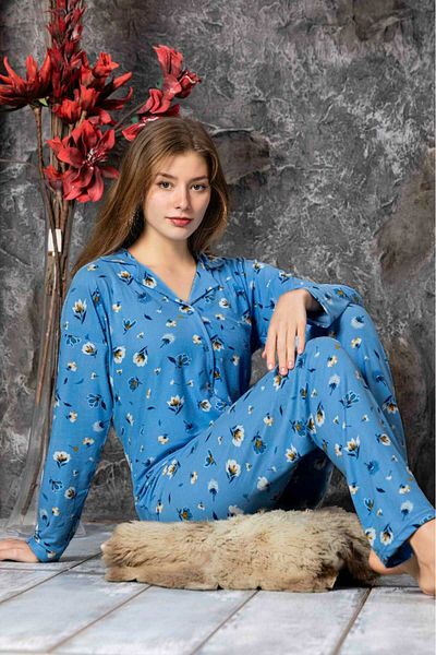 Eyfuze Set de pijamale din piele intoarsa cu maneca lunga cu nasturi de iarna