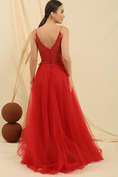 By Saygı Rope Strap Guipure Bead Detailed Lined Long Tulle Dress