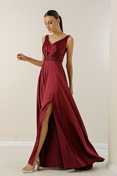 By Saygı V-Neck Thick Strap Waist Beaded Lined Wide Size Long Satin Dress
