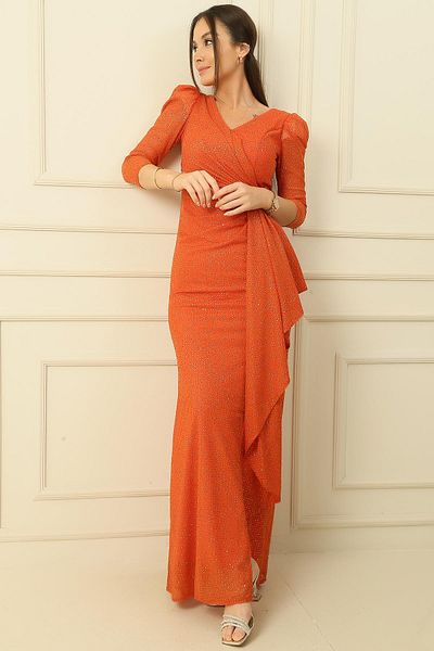 By Saygı Front And Back V Neck Long Sleeve Gathered Lined Dress