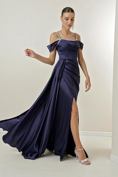 By Saygı Stone Detailed Thin Straps Low Sleeve Lined Long Satin Dress