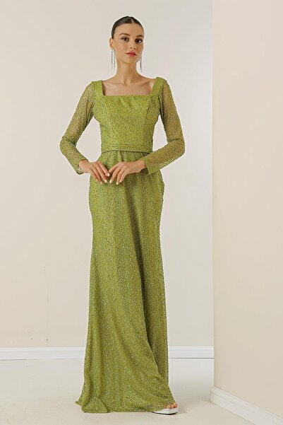 By Saygı Dlouhé šaty lemované čtvercovým výstřihem s broušenými kameny a širokou škálou velikostí