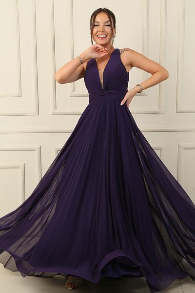 By Saygı Rochie de seara lunga din sifon - rochie plisata cu spate, detaliu cu noduri si captuseala
