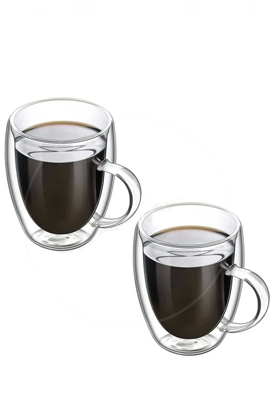 Berdina Home 2'li Çift Cidarlı Bardak 350ml Isıya Dayanıklı Borosilikat Espresso Sunum Bardağı Kulplu Kahve Kupa