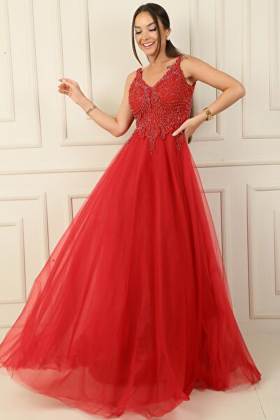 By Saygı V-Neck Bead Embroidered Long Tulle Evening Dress - Lined