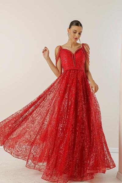 By Saygı Gyöngyökkel részletesen bélelt, csillogó bolyhos nyomott hosszú ruha