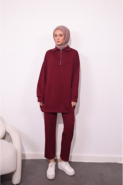 CELT Γυναικείο σετ φόρμας με λεπτομέρεια με φερμουάρ στο κάτω μέρος - Claret Red