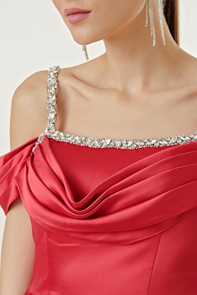 By Saygı Stone Detailed Thin Straps Low Sleeve Lined Long Satin Dress