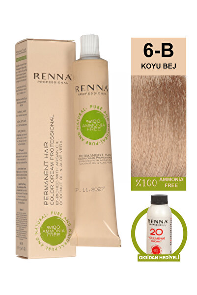 Renna Bitkisel Saç Boyası 6-B Koyu Bej 60 Ml - Oksidan Hediyeli (%100 Amonyak...