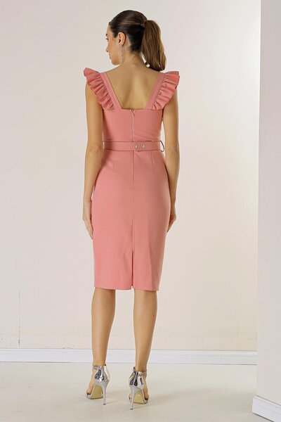 By Saygı Lined Waist Belted Crepe Dress with Frilly Straps and Glop Detail