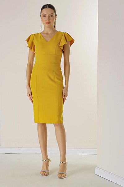 By Saygı Front Back V-Neck Sleeves Flounced Lined Crepe Dress
