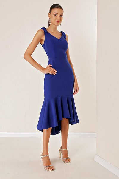 By Saygı Thin Straps Lined Front Short Back Flounce Dress