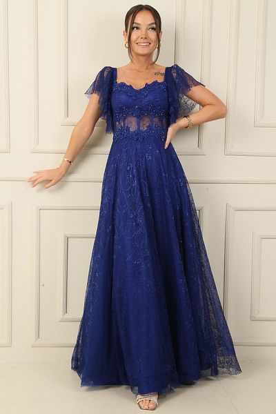 By Saygı Liz Lace - Madonna Collar and Bead Embroidered Long Dress