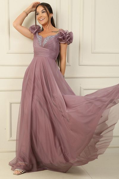 By Saygı V-Neck Jewel Detailed Long Tulle Dress - Rope Strap, Short Sleeve