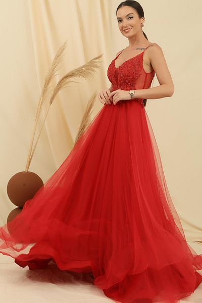 By Saygı Rope Strap Guipure Bead Detailed Lined Long Tulle Dress