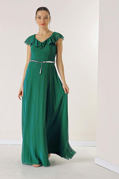 By Saygı Rochie lunga din sifon cu guler cu volan si curea in talie