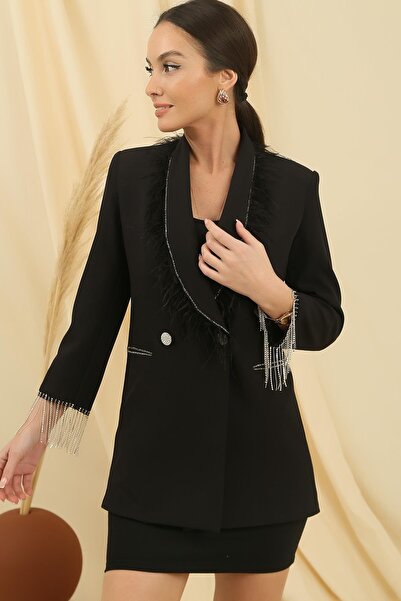 By Saygı Feather Stone Detailed and Chain Cuff Lined Jacket