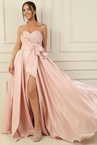 By Saygı Satin Strapless Draped Long Evening Dress with Pockets - Organza Lining