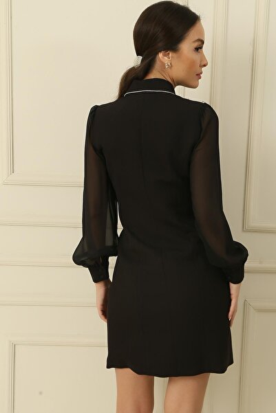 By Saygı Dvouřadý límec s šifonovým rukávem, vpředu podšité krepové šaty velké velikosti s mezerou