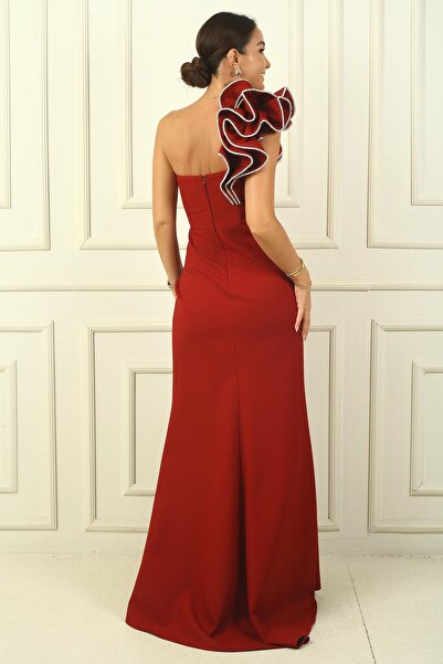 By Saygı Shiny Stone Detailed Single Lettuce Shoulder Crepe Fishnet Evening Dress - Lined