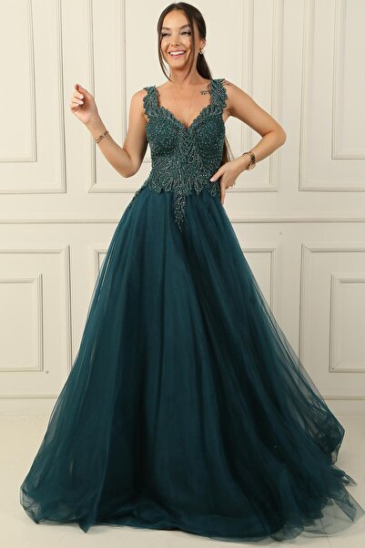 By Saygı Βραδινό φόρεμα από τούλι με κέντημα σε V-λαιμόκοψη - Φόδρα