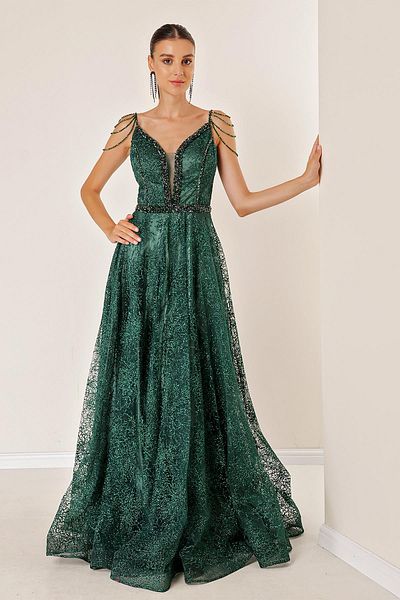 By Saygı Coral Long Dress with Thin Straps V Neck Beading Detail Back Tie Lining Glitter Flock Print